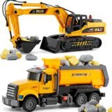 LerBao large yellow excavator and dump truck set with toy stones
