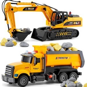 LerBao large yellow excavator and dump truck set with toy stones