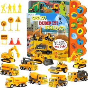 iGRATENS construction toy set with 10-button sound book and 20 alloy trucks and accessories