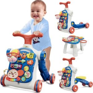 HYES 5 in 1 baby push walker and sit to stand activity center in navy blue