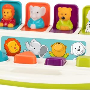 Battat Pop-Up Pals toy with four colorful buttons and carry handle