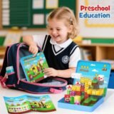 Toddler putting the portable magnetic blocks box into a backpack