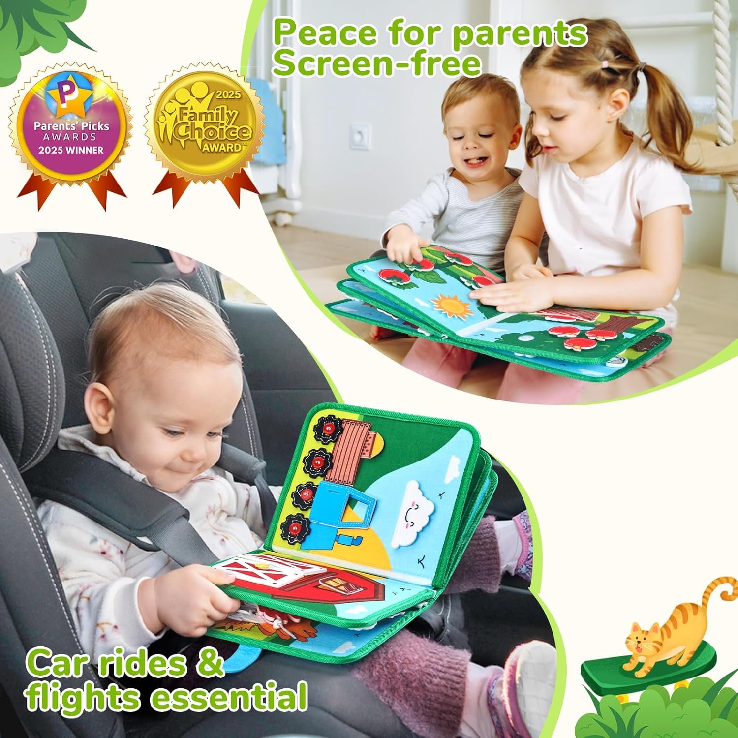 Toddler playing with JoyCat busy book during a car ride for screen-free travel