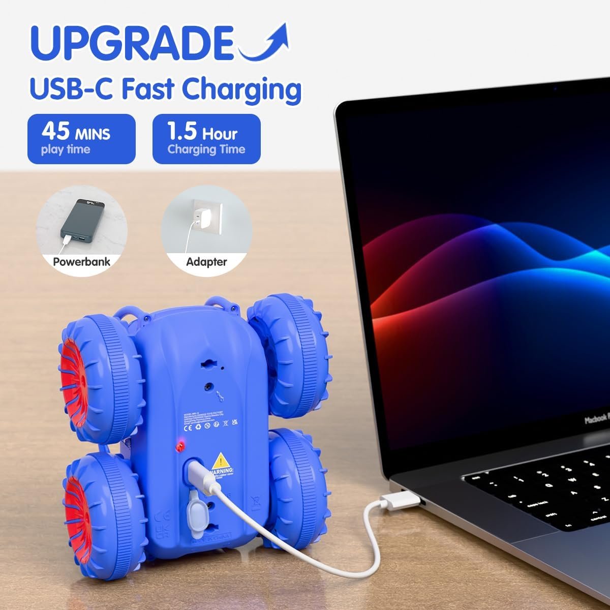 USB-C fast charging remote control car plugged into a laptop adapter