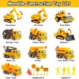 Movable construction toy list including excavator road roller and dump truck