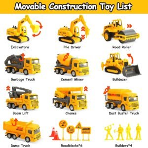Movable construction toy list including excavator road roller and dump truck