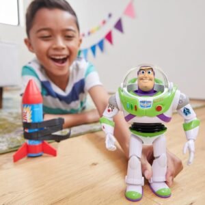 Child playing with Buzz Lightyear figure and detachable rocket toy