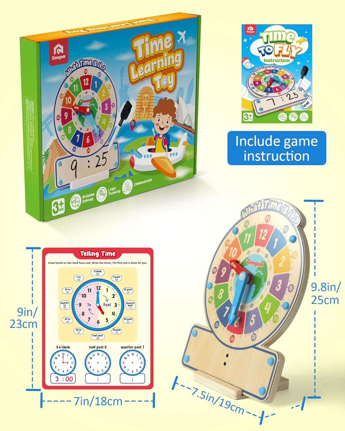 Fly-telling time board game with wooden clock for interactive learning