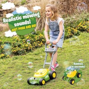Toddler toy mower blowing bubbles during outdoor play