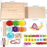 Wooden sorting board with silicone cups spoon and clips for fine motor skills