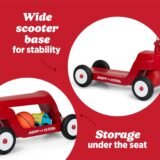 Wide scooter base for stability and storage compartment under the seat