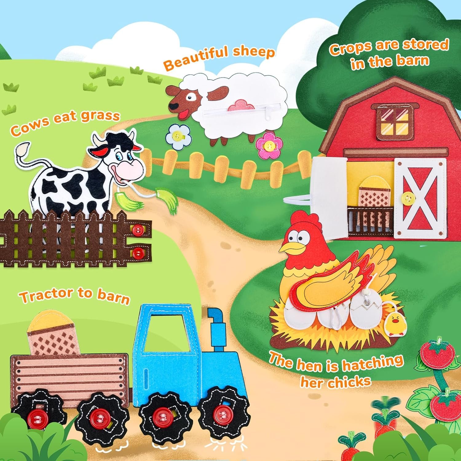 Interactive farm scenes showing cows, sheep, and hens in the busy book