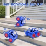 Blue RC car performing 360 degree rotation and 180 degree flip on stairs
