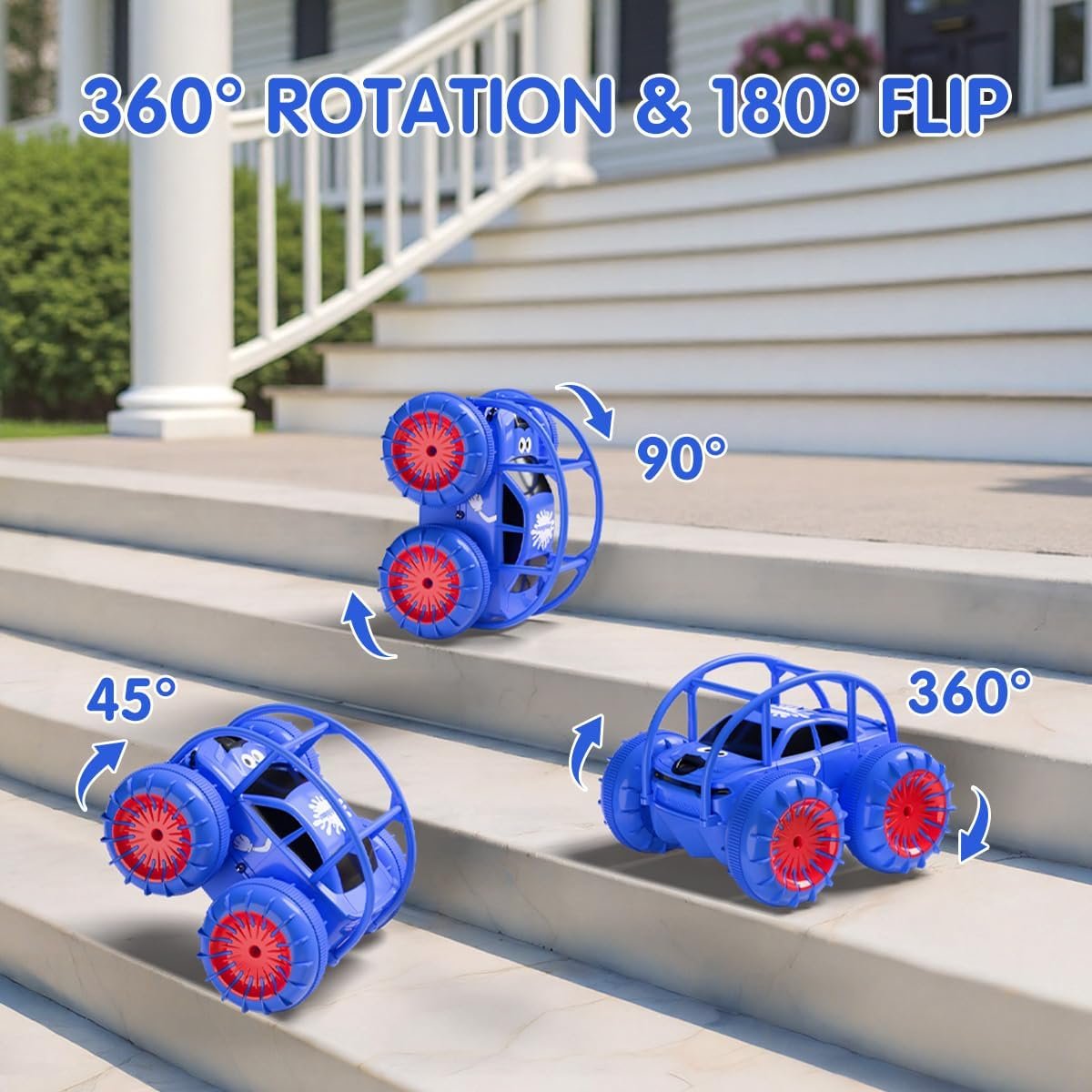 Blue RC car performing 360 degree rotation and 180 degree flip on stairs