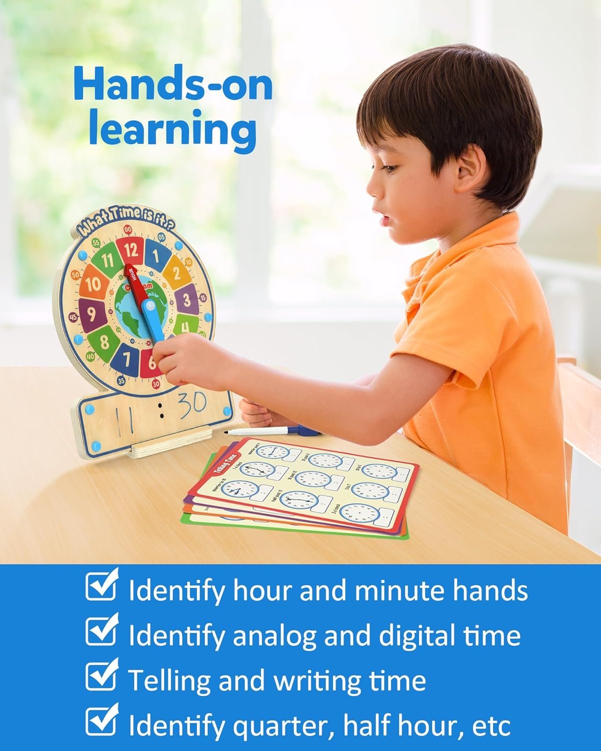 Dry erase practice cards for writing digital time with wooden clock toy