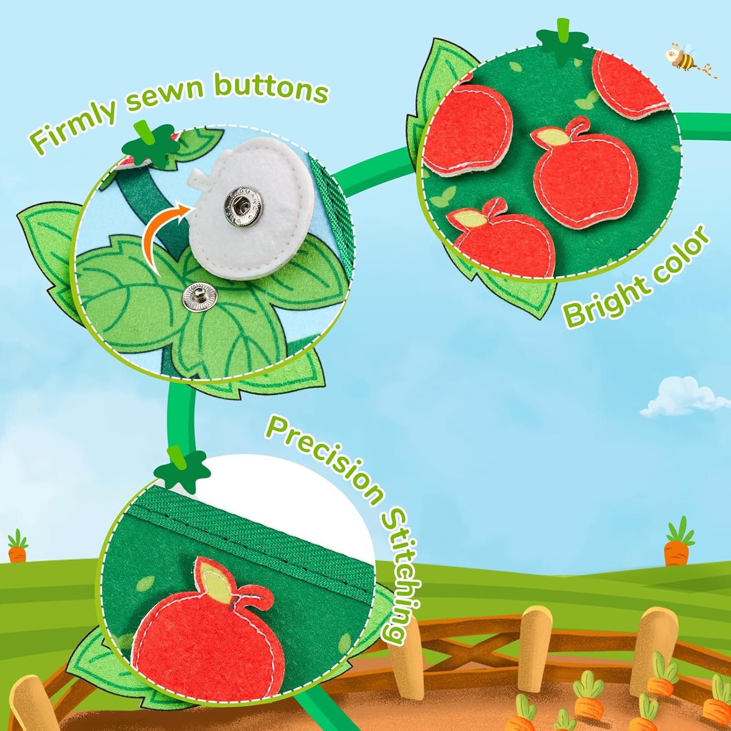 Close up of precision stitching and firmly sewn buttons on JoyCat felt book