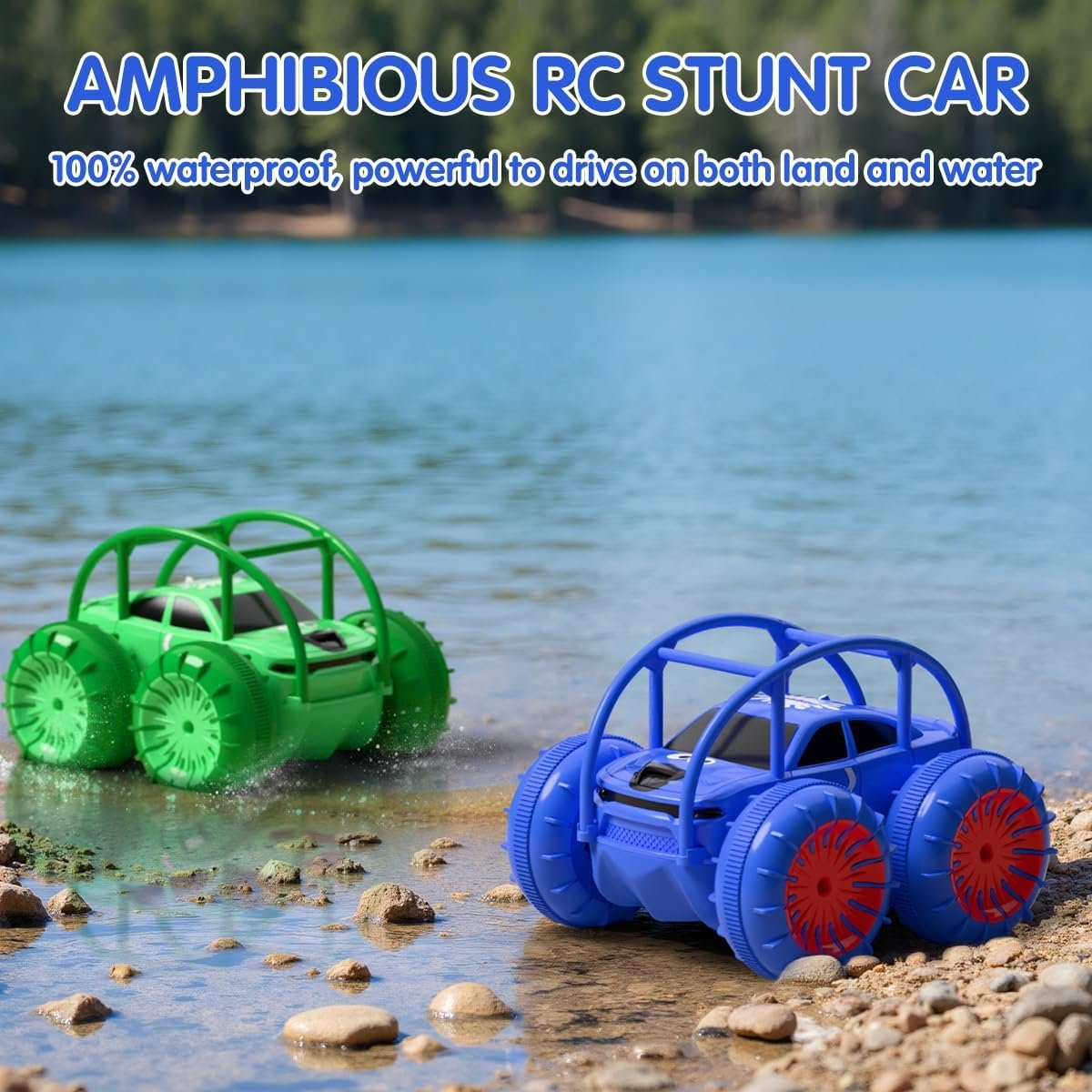 Waterproof amphibious RC cars driving on the edge of a lake