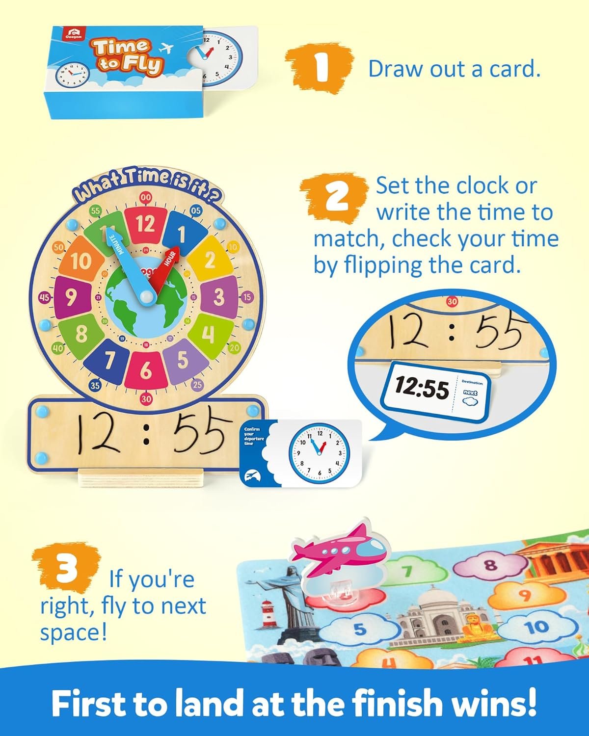 Full contents of the Coogam time learning set including wooden clock and game pieces