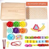 Lacing beads activity with colorful wooden shapes and threading strings
