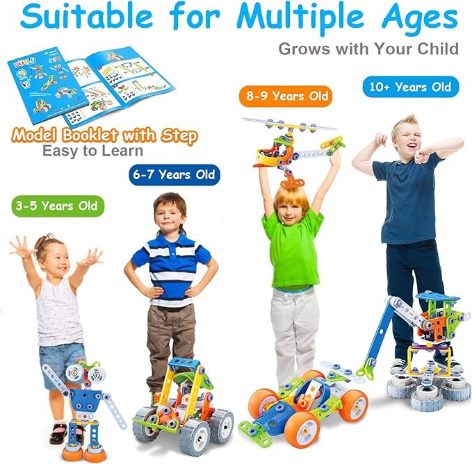 Educational toy set suitable for multiple ages from 3 to 10 years old with a step-by-step model instruction booklet.
