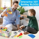 Interactive DIY building blocks for father and son bonding time, promoting STEM learning activities at home.