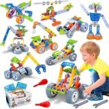 STEM building toys set for kids showing 10 different creative models like robots, planes, and cranes for educational play.