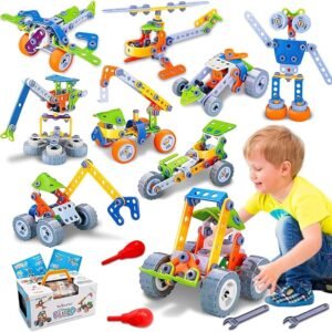 STEM building toys set for kids showing 10 different creative models like robots, planes, and cranes for educational play.