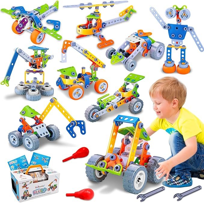 STEM building toys set for kids showing 10 different creative models like robots, planes, and cranes for educational play. STEM building toys set for kids showing 10 different creative models like robots, planes, and cranes for educational play.