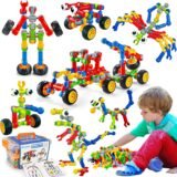 Multi-color STEM building blocks set for kids featuring various constructed models like robots, cars, and dinosaurs with a storage box and instruction manual.