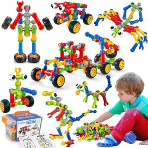 Multi-color STEM building blocks set for kids featuring various constructed models like robots, cars, and dinosaurs with a storage box and instruction manual.
