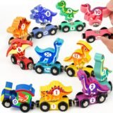 Magnetic wooden dinosaur number train set for toddlers, featuring colorful numbered dinosaurs from 0 to 10 on rolling wheels for educational preschool learning.
