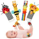 Infant wrist rattles and foot finder socks set featuring colorful plush insects like ladybugs and bees, designed for newborn sensory stimulation and motor skills.