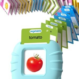 Audible flash card reader toy for toddlers featuring a blue electronic device with a tomato vegetable card inserted, surrounded by a variety of colorful educational cards.