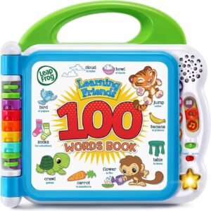 LeapFrog Learning Friends 100 Words Book, an interactive educational toy for toddlers featuring English and Spanish vocabulary with colorful animal illustrations.