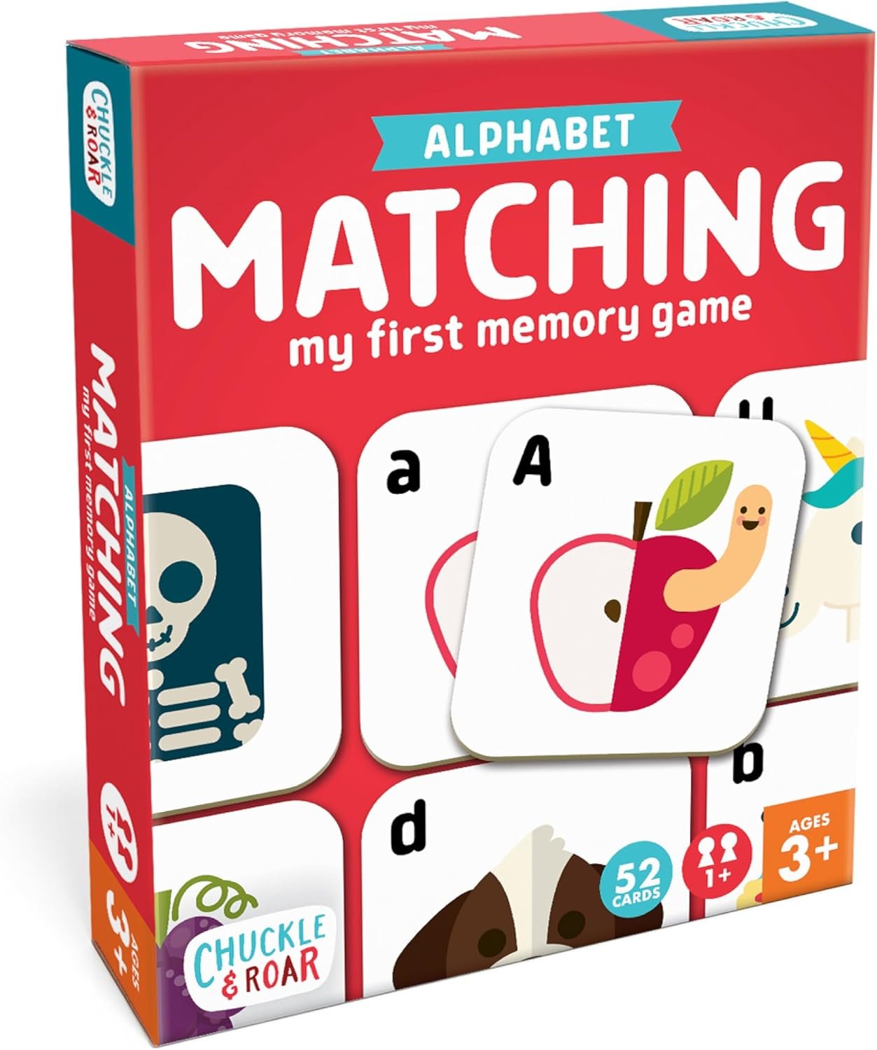 Chuckle & Roar Alphabet Matching Game box for kids ages 3 and up, featuring my first memory game with 52 cards to learn uppercase and lowercase letters. Chuckle & Roar Alphabet Matching Game box for kids ages 3 and up, featuring my first memory game with 52 cards to learn uppercase and lowercase letters.