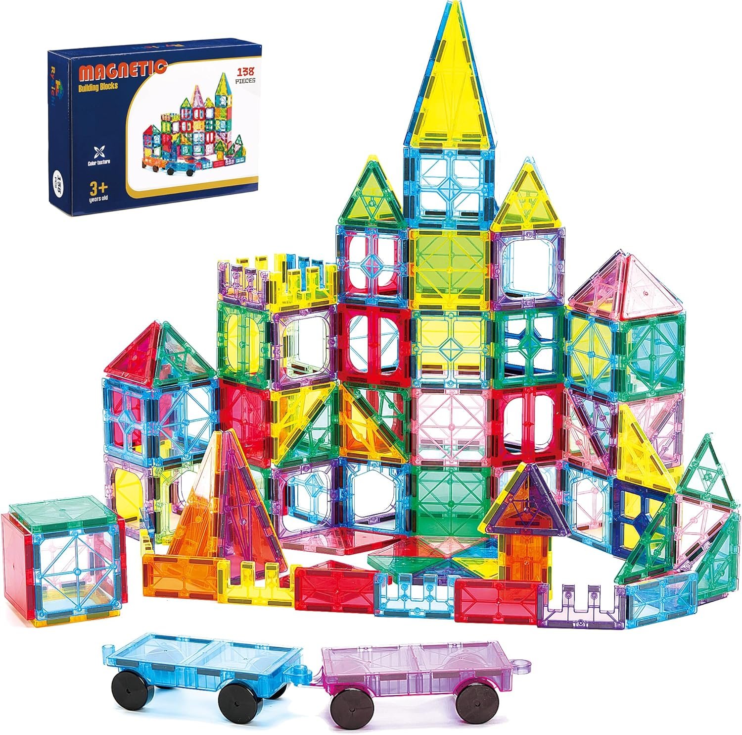 Ryoichi 138 pieces magnetic building tiles set with two cars and storage bag Ryoichi 138 pieces magnetic building tiles set with two cars and storage bag