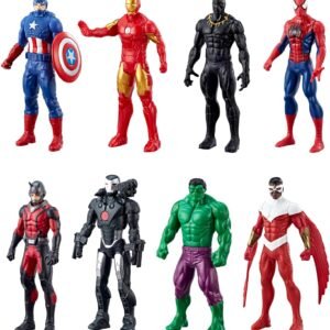 Marvel Avengers action figures set featuring Captain America, Iron Man, Black Panther, Spider-Man, Ant-Man, War Machine, Hulk, and Falcon on a white background.