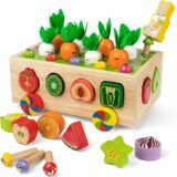 Coogam Farm Harvest Cart wooden Montessori toy set featuring colorful wooden carrots, fruit shape sorting blocks, and magnetic mushrooms for toddlers.