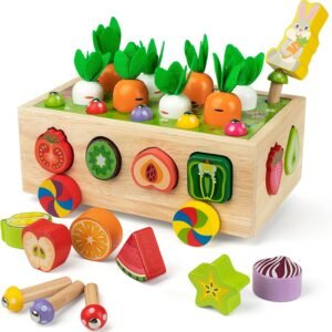 Coogam Farm Harvest Cart wooden Montessori toy set featuring colorful wooden carrots, fruit shape sorting blocks, and magnetic mushrooms for toddlers.
