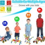Educational construction toy age guide showing suitability for children from 3 to 10 plus years old, highlighting STEM learning growth.