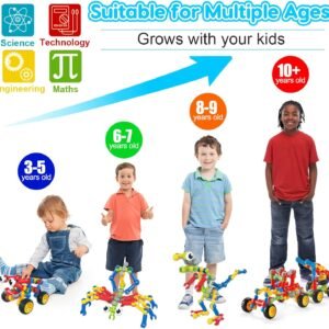 Educational construction toy age guide showing suitability for children from 3 to 10 plus years old, highlighting STEM learning growth.