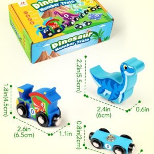 Dinosaur number train toy packaging box with detailed product dimensions in inches and centimeters for the engine, dinosaur figures, and magnetic bases.