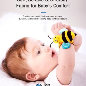 Close-up of a baby wearing a soft bee wrist rattle, highlighting the premium cotton-rich stretchy fabric designed for comfort and skin safety.