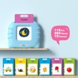 Educational flash cards set for kids showing 112 pieces and 224 words across 12 themes including animals, food, vehicles, and nature for vocabulary building.