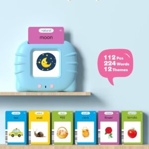 Educational flash cards set for kids showing 112 pieces and 224 words across 12 themes including animals, food, vehicles, and nature for vocabulary building.