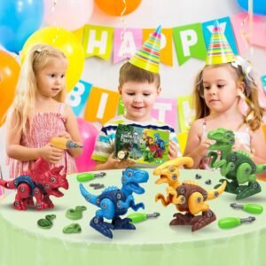 Group of children playing with DIY dinosaur construction toys at a birthday party, featuring kids using a toy drill to assemble colorful plastic dinosaurs on a table.