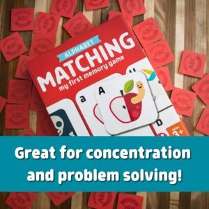 Alphabet matching card game spread out on a wooden surface, highlighting educational benefits like concentration and problem solving for preschoolers and toddlers.