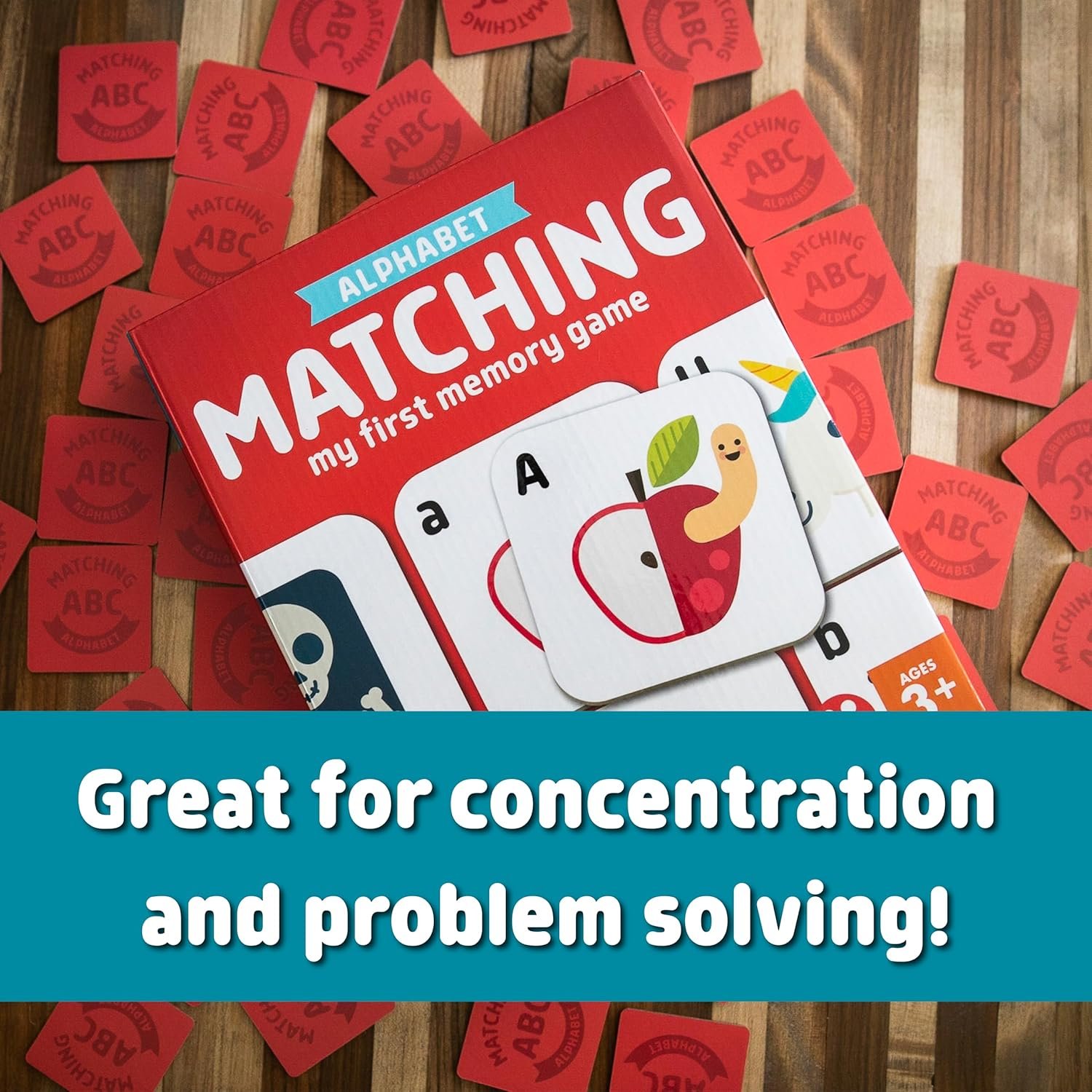 Alphabet matching card game spread out on a wooden surface, highlighting educational benefits like concentration and problem solving for preschoolers and toddlers.