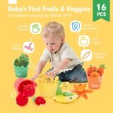 An infographic showing a baby playing with a 16-piece Montessori-inspired soft toy set titled 'Baby's First Fruits & Veggies', highlighting developmental benefits like sensory exploration and cognition for 6M+ babies.