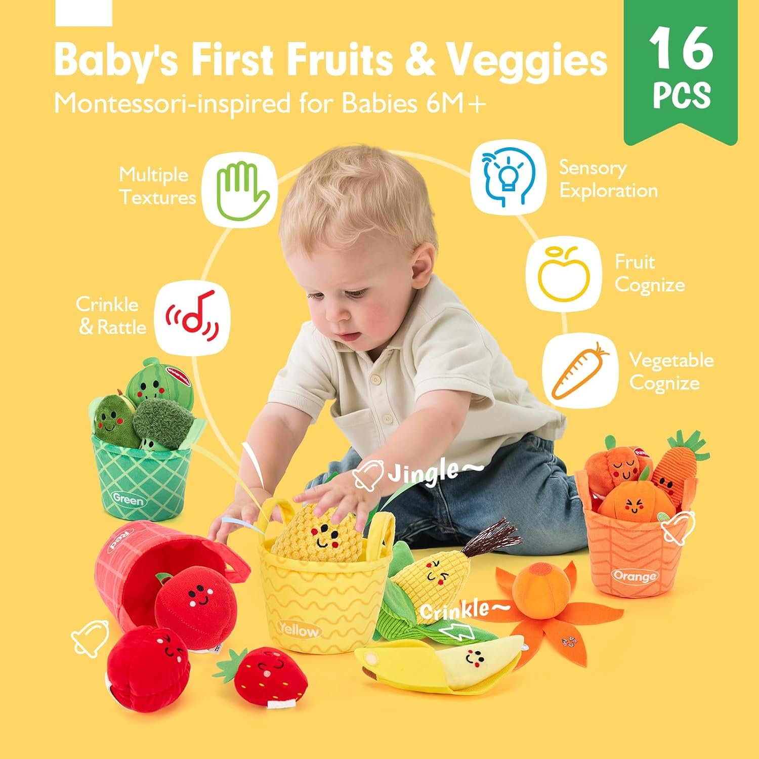 An infographic showing a baby playing with a 16-piece Montessori-inspired soft toy set titled 'Baby's First Fruits & Veggies', highlighting developmental benefits like sensory exploration and cognition for 6M+ babies.